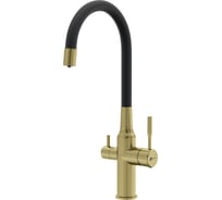 Смеситель для кухни LEMARK с гибким изливом с подключением к фильтру питьевой воды, высота излива 32 см, длина 20 см, нерж. сталь / светлое золото нано LM5083LGN-Black