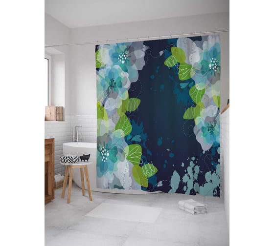 Штора (занавеска) для ванной JoyArty "Цветчный этюд" из сатена, 180х200 см с крючками, sc_33443 1