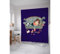 Штора (занавеска) для ванной JoyArty "Девочка с котом пьют чай" из сатена, 180х200 см sc_378475