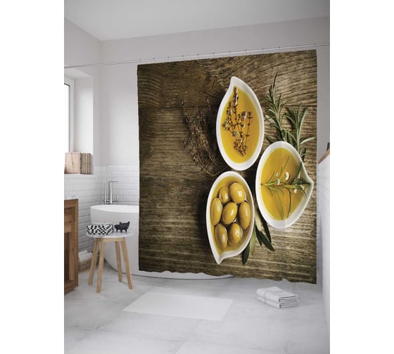 Штора (занавеска) для ванной JoyArty "Тарелочка с оливками" из сатена, 180х200 см с крючками, sc_32022 1