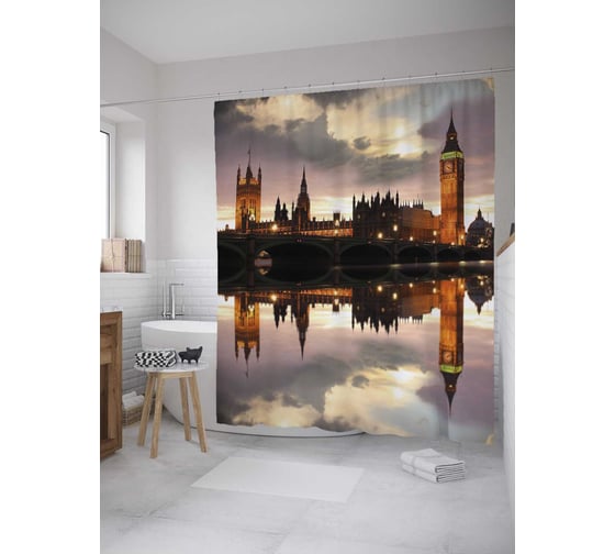Штора (занавеска) для ванной JoyArty "Биг Бен и Вестминстерский дворец с Темзы" из сатена, 180х200 см с крючками, sc_31595 1
