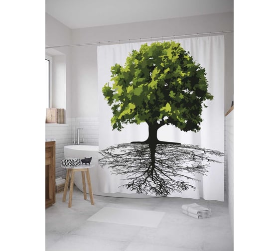 Штора (занавеска) для ванной JoyArty "Дерево с корневой системой" из сатена, 180х200 см с крючками, sc_31545 1