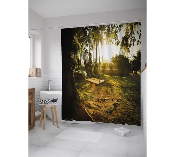 Штора (занавеска) для ванной JoyArty "Дворик с качелями" из сатена, 180х200 см с крючками, sc_31641 1