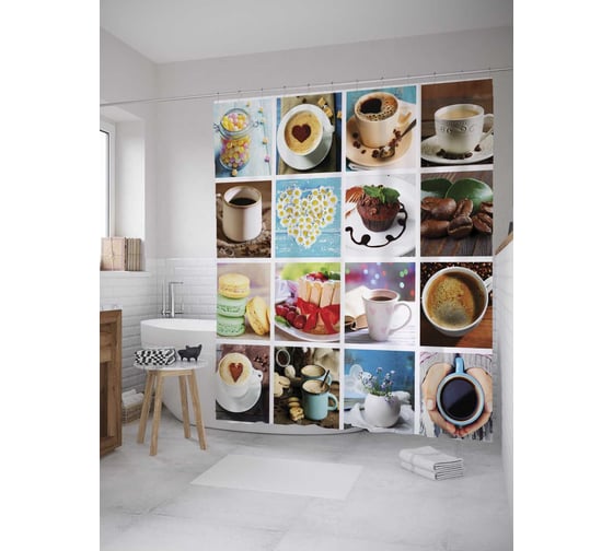 Штора (занавеска) для ванной JoyArty "Утренний кофе" из сатена, 180х200 см с крючками, sc_32046 1