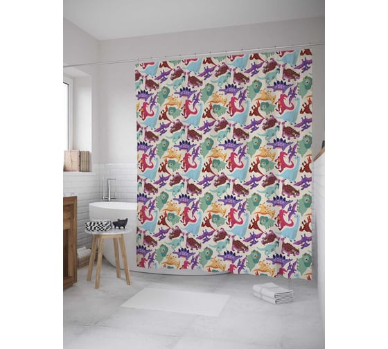 Штора (занавеска) для ванной JoyArty "Смешные динозавры" из сатена, 180х200 см с крючками, sc_31589 1