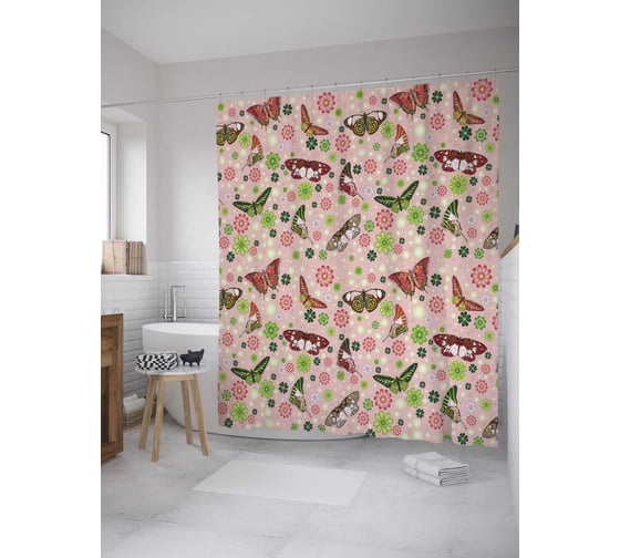 Штора (занавеска) для ванной JoyArty "Весенние бабочки" из сатена, 180х200 см с крючками, sc_31594 1