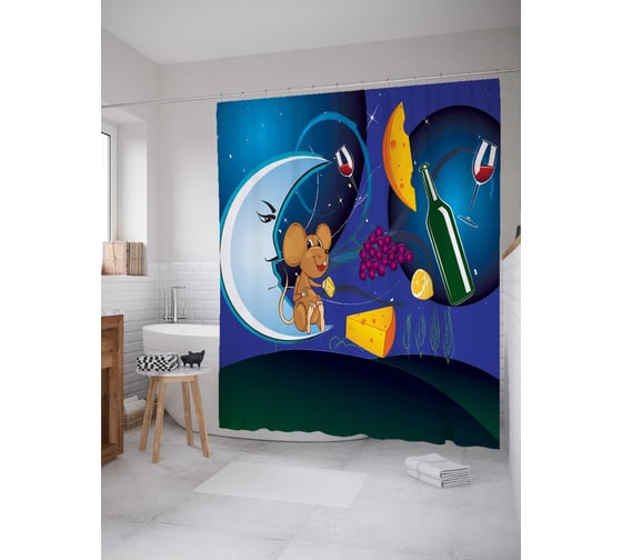 Штора (занавеска) для ванной JoyArty "Мышь в космосе" из сатена, 180х200 см с крючками, sc_5386 1