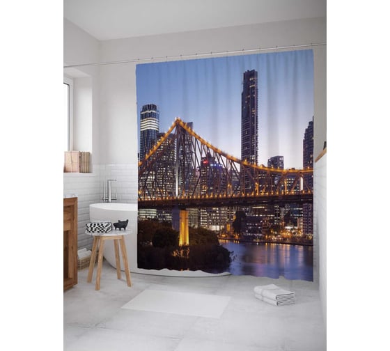 Штора (занавеска) для ванной JoyArty "Подсветка моста" из сатена, 180х200 см с крючками, sc_31481 1