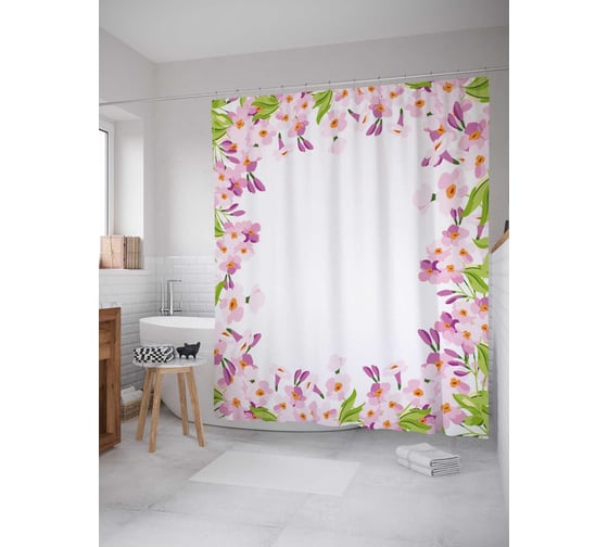Штора (занавеска) для ванной JoyArty "Цветочное окно" из сатена, 180х200 см с крючками, sc_35858 1