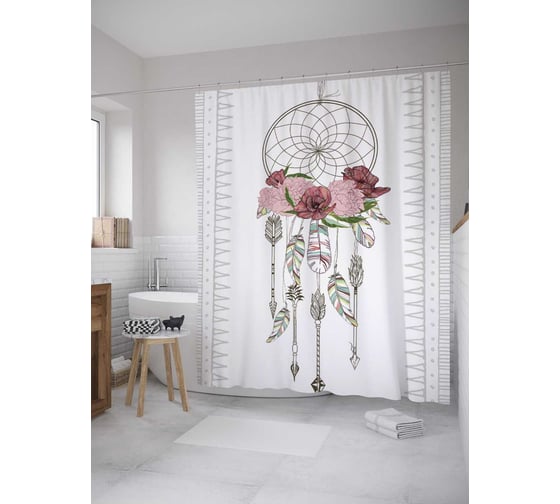 Штора (занавеска) для ванной JoyArty "Цветочный ловец снов" из сатена, 180х200 см с крючками, sc_31615 1