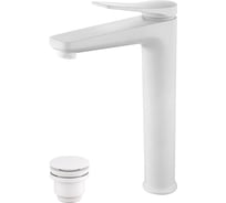 Смеситель для раковины LEMARK высокий, монолитный, высота излива 23 см, длина 17 см, с донным клапаном клик-клак, латунь/белый матовый LM3709MW