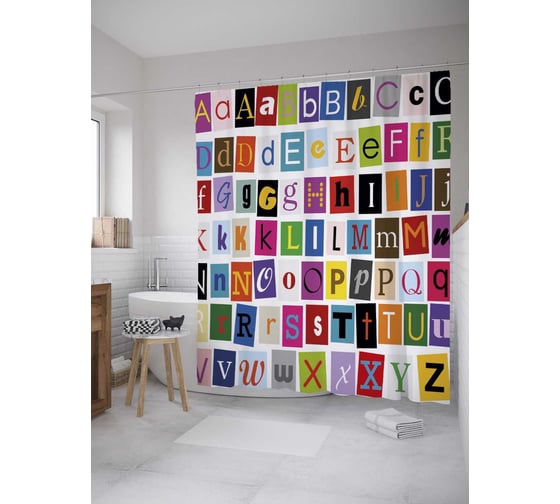 Штора (занавеска) для ванной JoyArty "Разноцветный алфавит" из сатена, 180х200 см с крючками, sc_31483 1