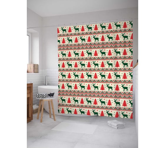 Штора (занавеска) для ванной JoyArty "Новогодний орнамент" из сатена, 180х200 см с крючками, sc_50935 1