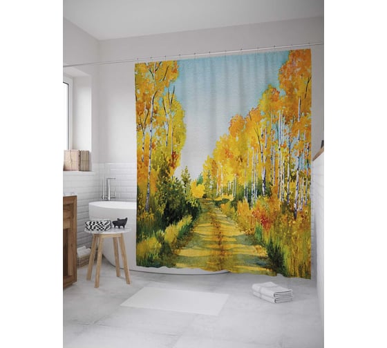 Штора (занавеска) для ванной JoyArty "Дорога среди берез" из сатена, 180х200 см с крючками, sc_32255 1
