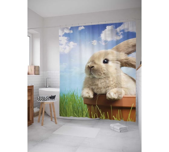 Штора (занавеска) для ванной JoyArty "Зайчик на солнце" из сатена, 180х200 см с крючками, sc_4713 1
