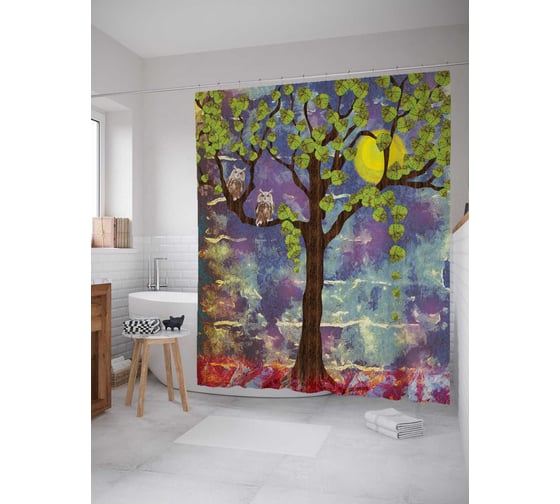 Штора (занавеска) для ванной JoyArty "Осторожные совы" из сатена, 180х200 см с крючками, sc_3759 1