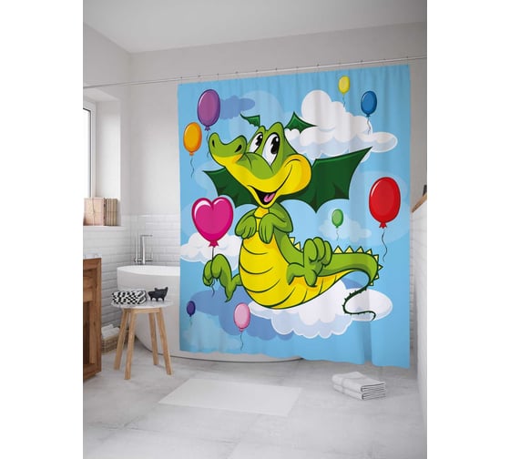 Штора (занавеска) для ванной JoyArty "Праздник дракончика" из сатена, 180х200 см с крючками, sc_32276 1