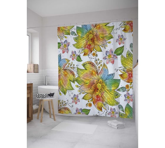 Штора (занавеска) для ванной JoyArty "Радужные бутоны" из сатена, 180х200 см с крючками, sc_31556 1