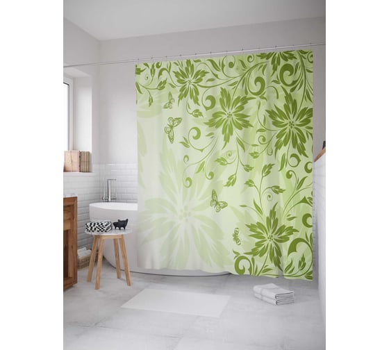 Штора (занавеска) для ванной JoyArty "Изящное цветение в углу" из сатена, 180х200 см с крючками, sc_31544 1