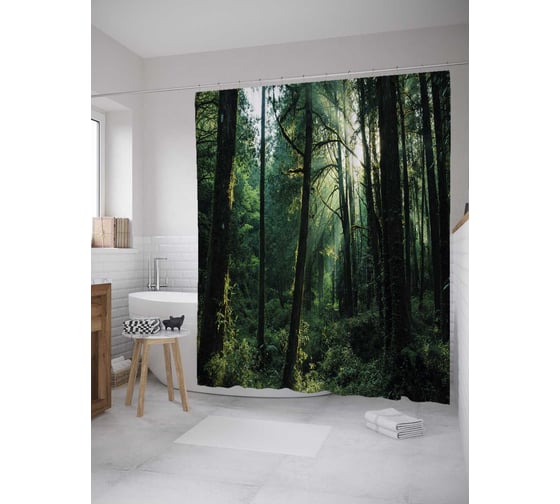 Штора (занавеска) для ванной JoyArty "Старый лес" из сатена, 180х200 см с крючками, sc_32353 1