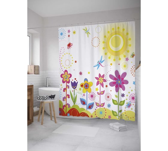 Штора (занавеска) для ванной JoyArty "Солнышко над клумбой" из сатена, 180х200 см с крючками, sc_31509 1