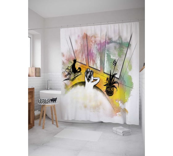 Штора (занавеска) для ванной JoyArty "Мечтательная девушка у окна" из сатена, 180х200 см с крючками, sc_30183 1