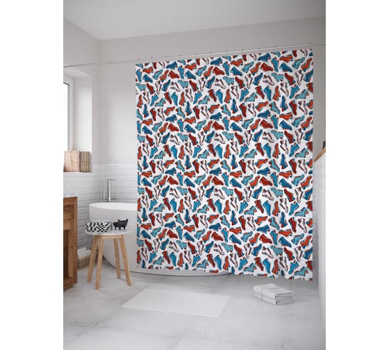 Штора (занавеска) для ванной JoyArty "Обувной парад" из сатена, 180х200 см с крючками, sc_30127 1