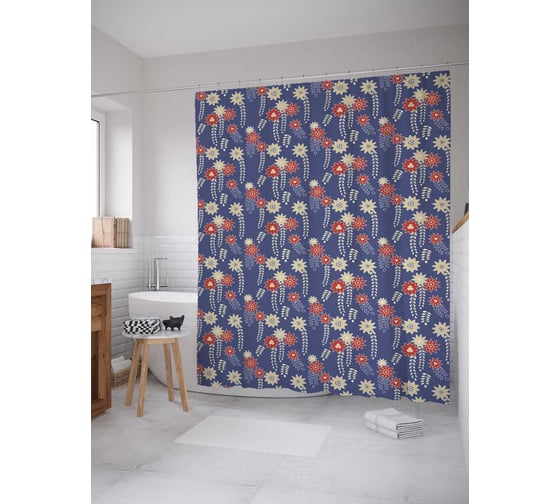 Штора (занавеска) для ванной JoyArty "Ползающие цветочки" из сатена, 180х200 см с крючками, sc_30702 1