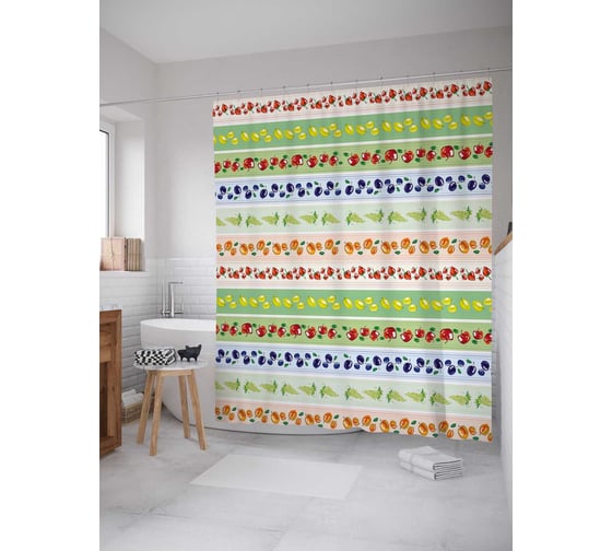 Штора (занавеска) для ванной JoyArty "Фруктовые дорожки" из сатена, 180х200 см с крючками, sc_30944 1