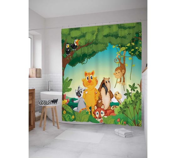 Штора (занавеска) для ванной JoyArty "Животные в джунглях" из сатена, 180х200 см с крючками, sc_37592 1