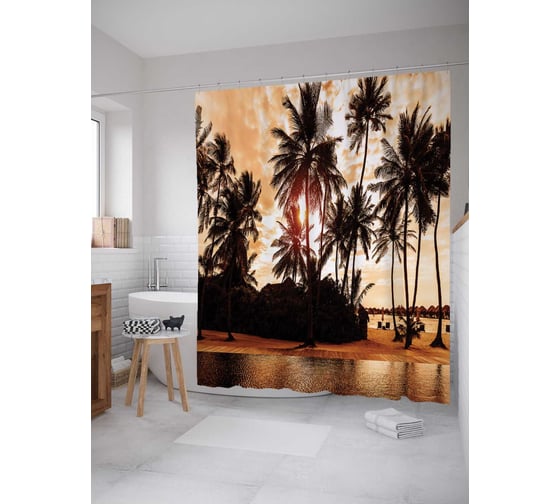 Штора (занавеска) для ванной JoyArty "Спокойствие пальм" из сатена, 180х200 см с крючками, sc_3016 1