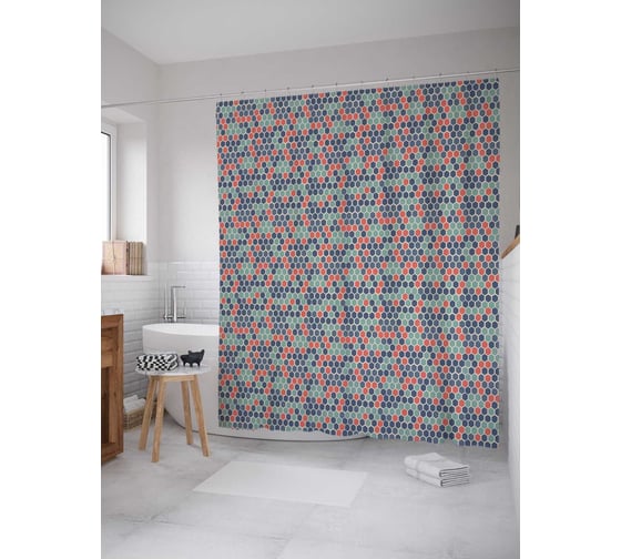 Штора (занавеска) для ванной JoyArty "Сотовый комплект" из сатена, 180х200 см с крючками, sc_30651 1