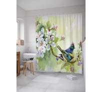Штора (занавеска) для ванной JoyArty "Птицы на ветке вишни" из сатена, 180х200 см с крючками, sc_30143