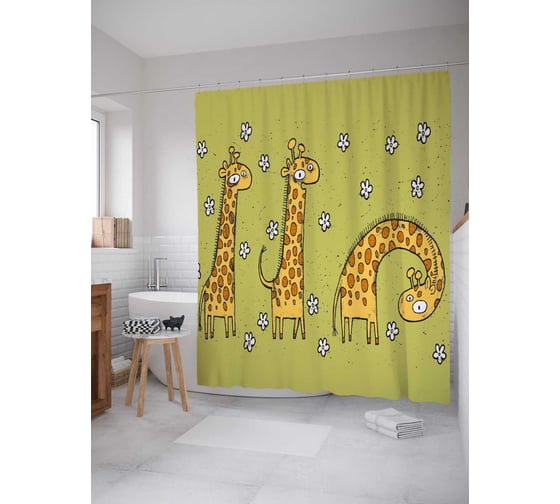 Штора (занавеска) для ванной JoyArty "Три жирафа" из сатена, 180х200 см с крючками, sc_30062 1