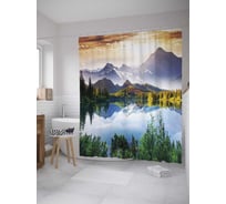 Штора (занавеска) для ванной JoyArty "Лесное озеро у гор" из сатена, 180х200 см с крючками, sc_8362