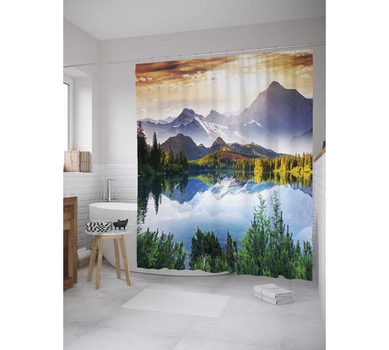 Штора (занавеска) для ванной JoyArty "Лесное озеро у гор" из сатена, 180х200 см с крючками, sc_8362 1