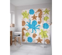 Штора (занавеска) для ванной JoyArty "Осьминоги, морские коньки,ракушки" из сатена, 180х200 см с крючками, sc_5098