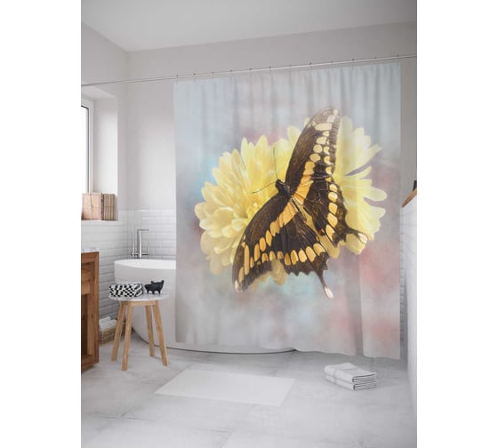 Штора (занавеска) для ванной JoyArty "Ббабочка и цветок" из сатена, 180х200 см с крючками, sc_4949 1