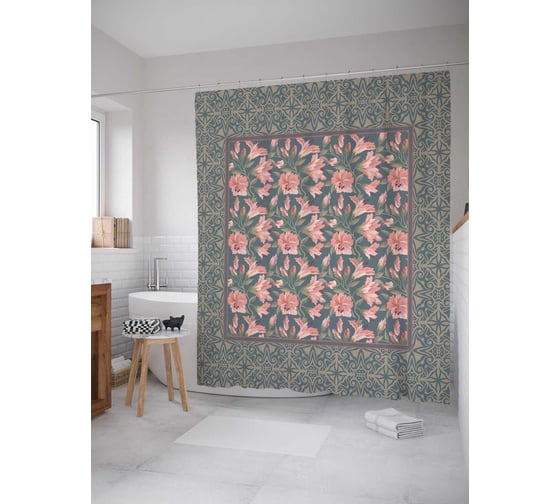 Штора (занавеска) для ванной JoyArty "Розовые цветы" из сатена, 180х200 см с крючками, sc_78045 1