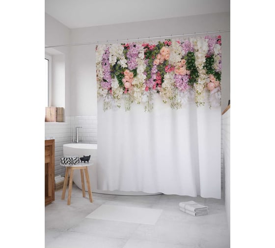 Штора (занавеска) для ванной JoyArty "Весенняя сирень" из сатена, 180х200 см sc_294378 1