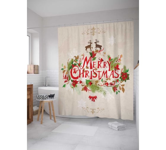 Штора (занавеска) для ванной JoyArty "Счастливого Рождества" из сатена, 180х200 см с крючками, sc_5523 1