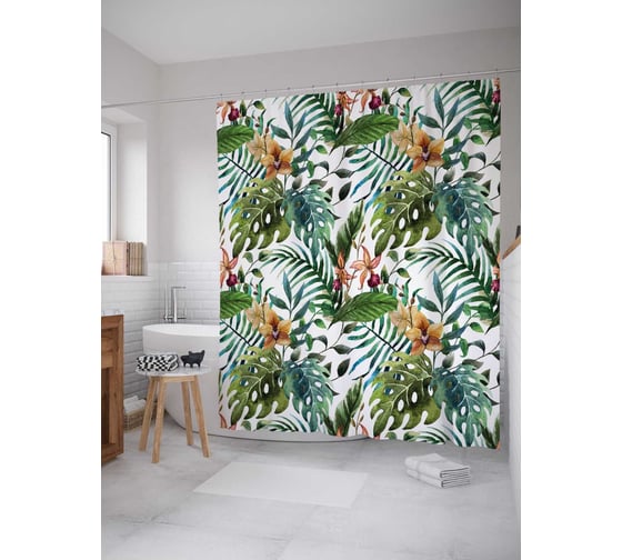 Штора (занавеска) для ванной JoyArty "Зеленый папортник" из сатена, 180х200 см с крючками, sc_36047 1