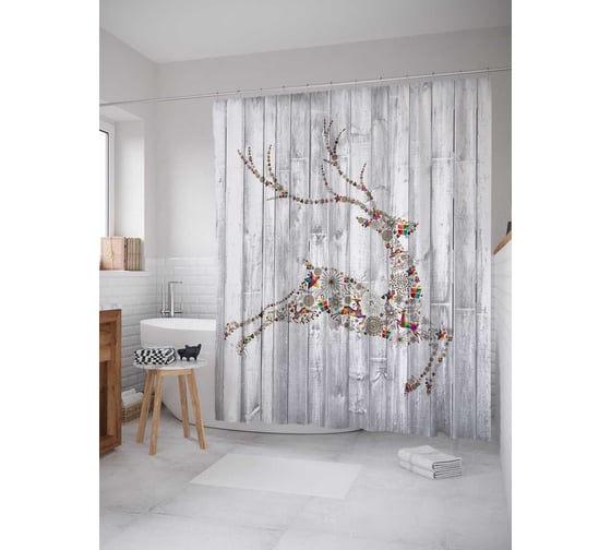 Штора (занавеска) для ванной JoyArty "Олень спешит на праздник" из сатена, 180х200 см с крючками, sc_5593