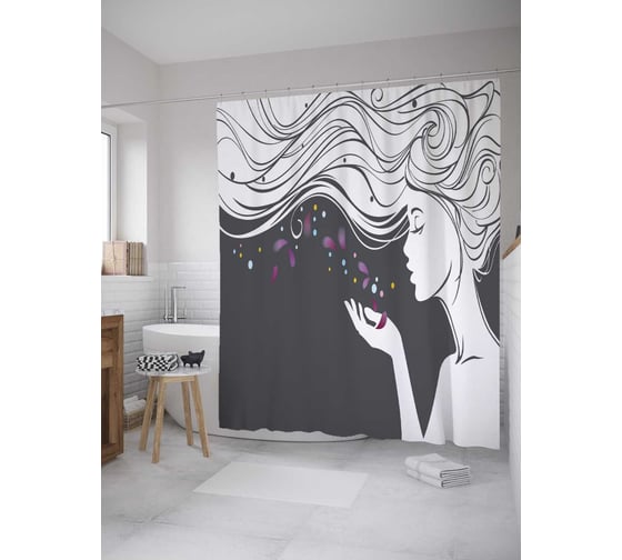 Штора (занавеска) для ванной JoyArty "Развевающиеся локоны" из сатена, 180х200 см с крючками, sc_32932