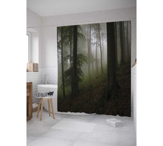 Штора (занавеска) для ванной JoyArty "Туман в сосновом бору" из сатена, 180х200 см с крючками, sc_32864 1