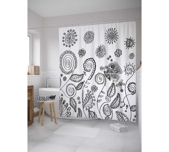 Штора (занавеска) для ванной JoyArty "Эскиз цветов" из сатена, 180х200 см с крючками, sc_32958 1