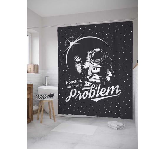 Штора (занавеска) для ванной JoyArty "Хьюстон,у нас проблемы" из сатена, 180х200 см с крючками, sc_9883 1
