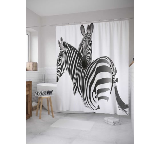 Штора (занавеска) для ванной JoyArty "Дуэт зебр" из сатена, 180х200 см с крючками, sc_33031