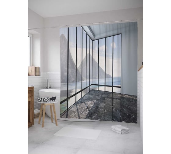 Штора (занавеска) для ванной JoyArty "Веранда с видом на горы" из сатена, 180х200 см с крючками, sc_34849 1