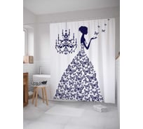 Штора (занавеска) для ванной JoyArty "Платье с фиолетовыми бабочками" из сатена, 180х200 см с крючками, sc_8409